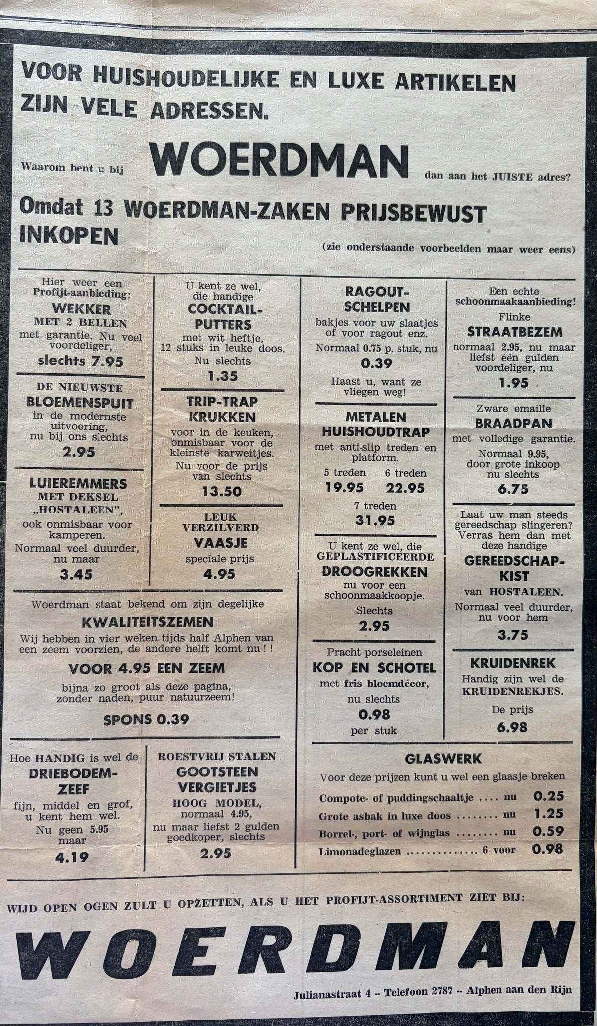 Oude Woerdman advertentie voor huishoudelijke en luxe artikelen