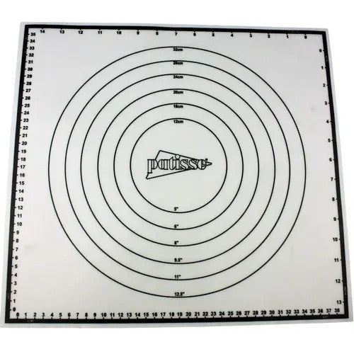 Patisse Siliconen Bakmat - 42 x 39 cm op witte achtergrond, met zwarte maatcirkels en meetlatten