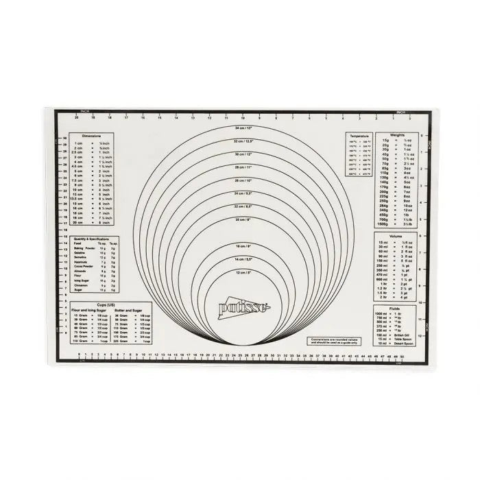 Patisse Siliconen Bakmat XL met Omrekentabel - 50 x 30 cm op witte achtergrond, met cirkels en tabellen