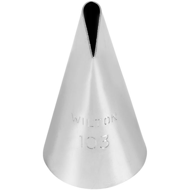 Losse foto van het metalen Wilton spuitmondje #103 met de druppelvormige opening en het nummer 103