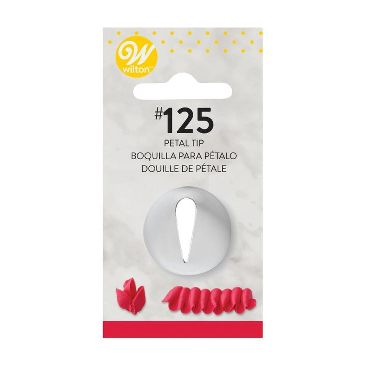 Wilton spuitmondje Bloemblad - #125 op kaart, met een bloem en een ruche van rood glazuur als voorbeeld