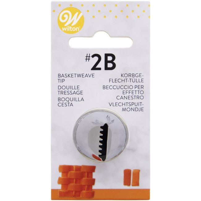 Verpakkingskaart van Wilton spuitmondje #2B met een voorbeeld van een oranje gevlochten mandpatroon in botercrème.