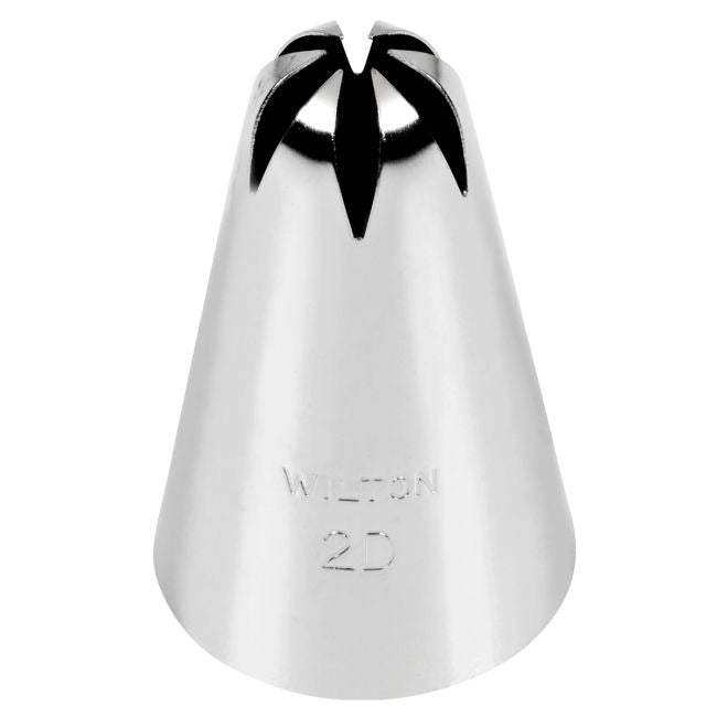 Los metalen Wilton spuitmondje #2D, met de zespuntige opening zichtbaar aan de bovenkant van het kegelvormige mondje.