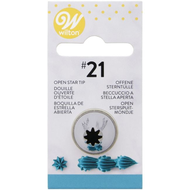 Verpakkingskaart van Wilton spuitmondje #21 met een klein sterretje en een rij langwerpige schelpvormen, getekend in turquoise glazuur.