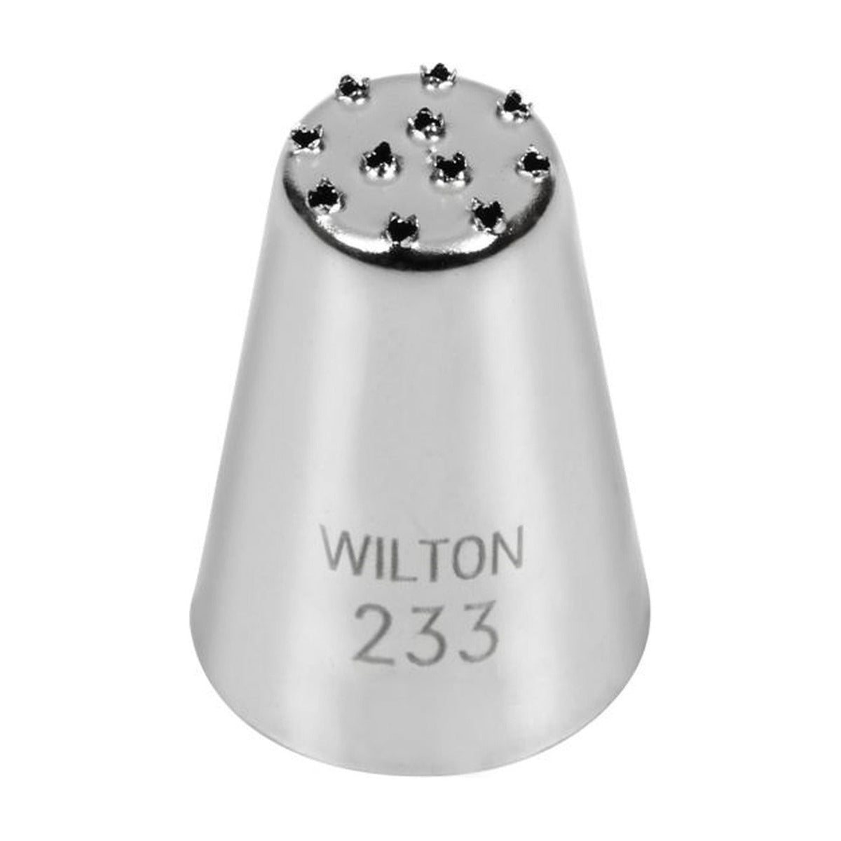 Los metalen Wilton spuitmondje #233, kegelvormig met tien kleine stervormige gaatjes verspreid over de bovenkant van de kop.