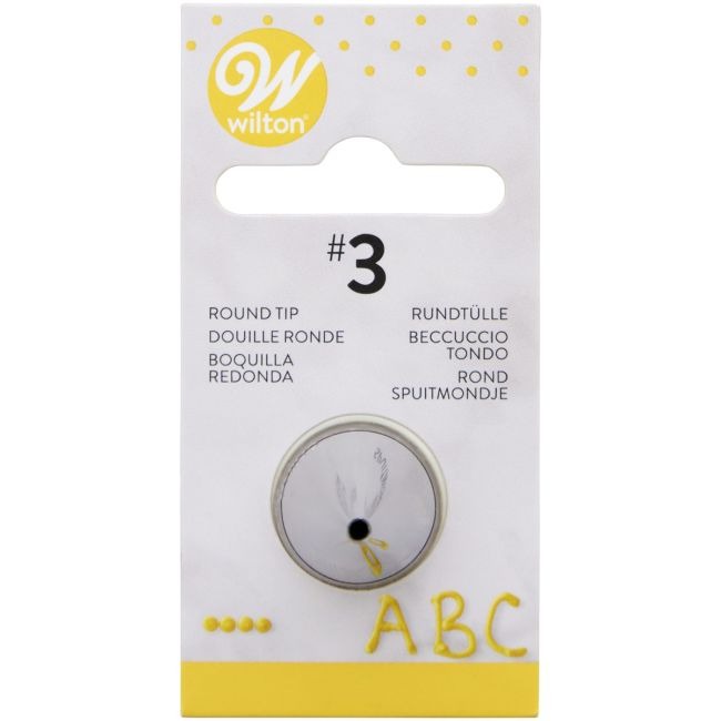 Verpakkingskaart van Wilton spuitmondje #3 met het woord 'ABC' in cursief geschreven met geel glazuur en vier stippen in oplopende grootte.
