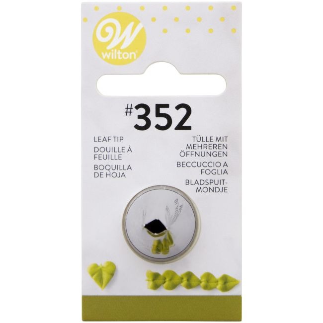 Wilton spuitmondje Blad - #352 op kaart, met een hartvormig blad en een reeks geribbelde blaadjes van glazuur