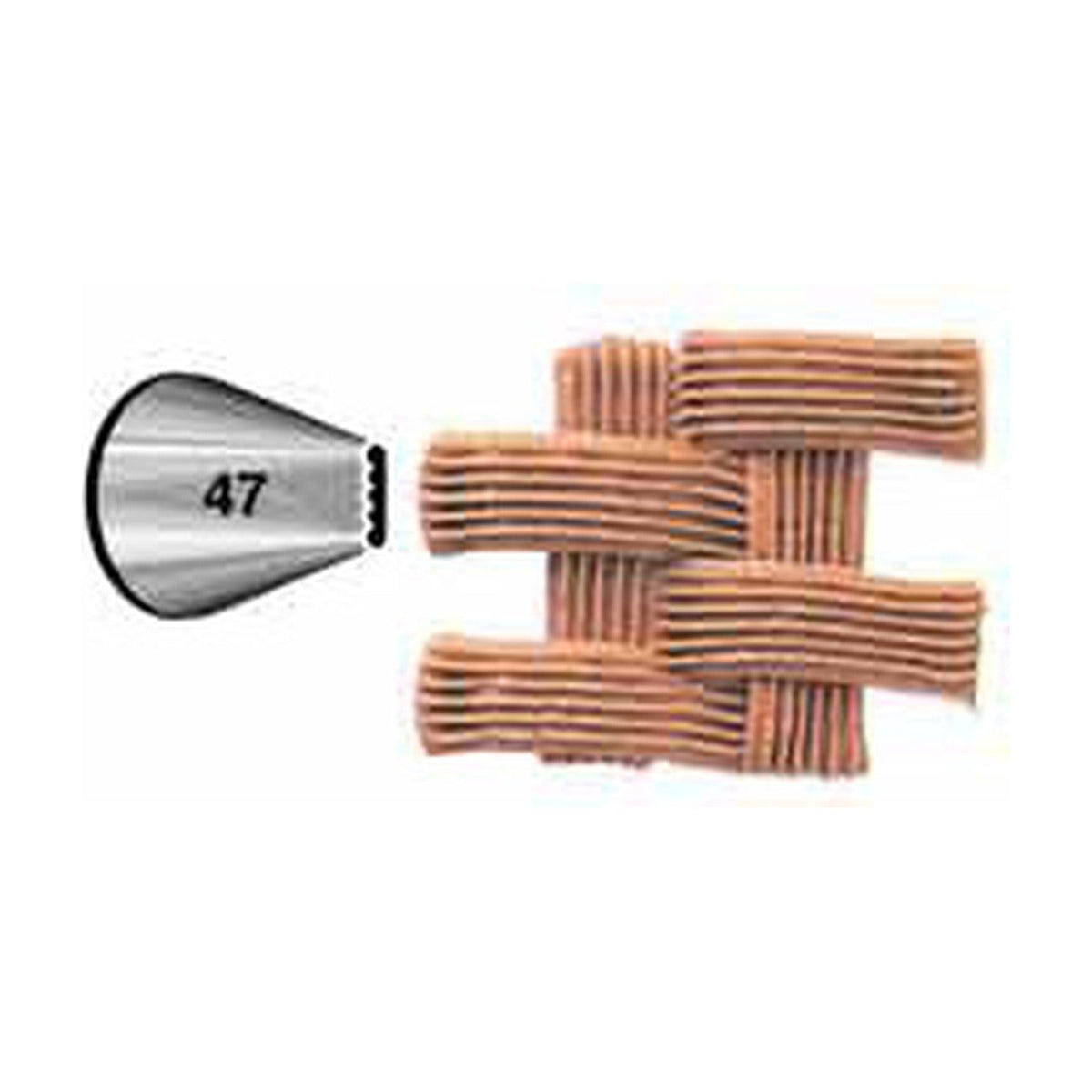 Wilton Spuitmondje Basketweave - #47 op witte achtergrond, met een illustratie van het metalen mondje en het gevlochten basketweave-patroon dat het maakt