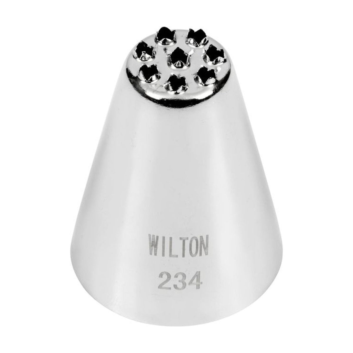 Los metalen Wilton spuitmondje #234, kegelvormig met zeven kleine stervormige gaatjes geclusterd in het midden van de kop.