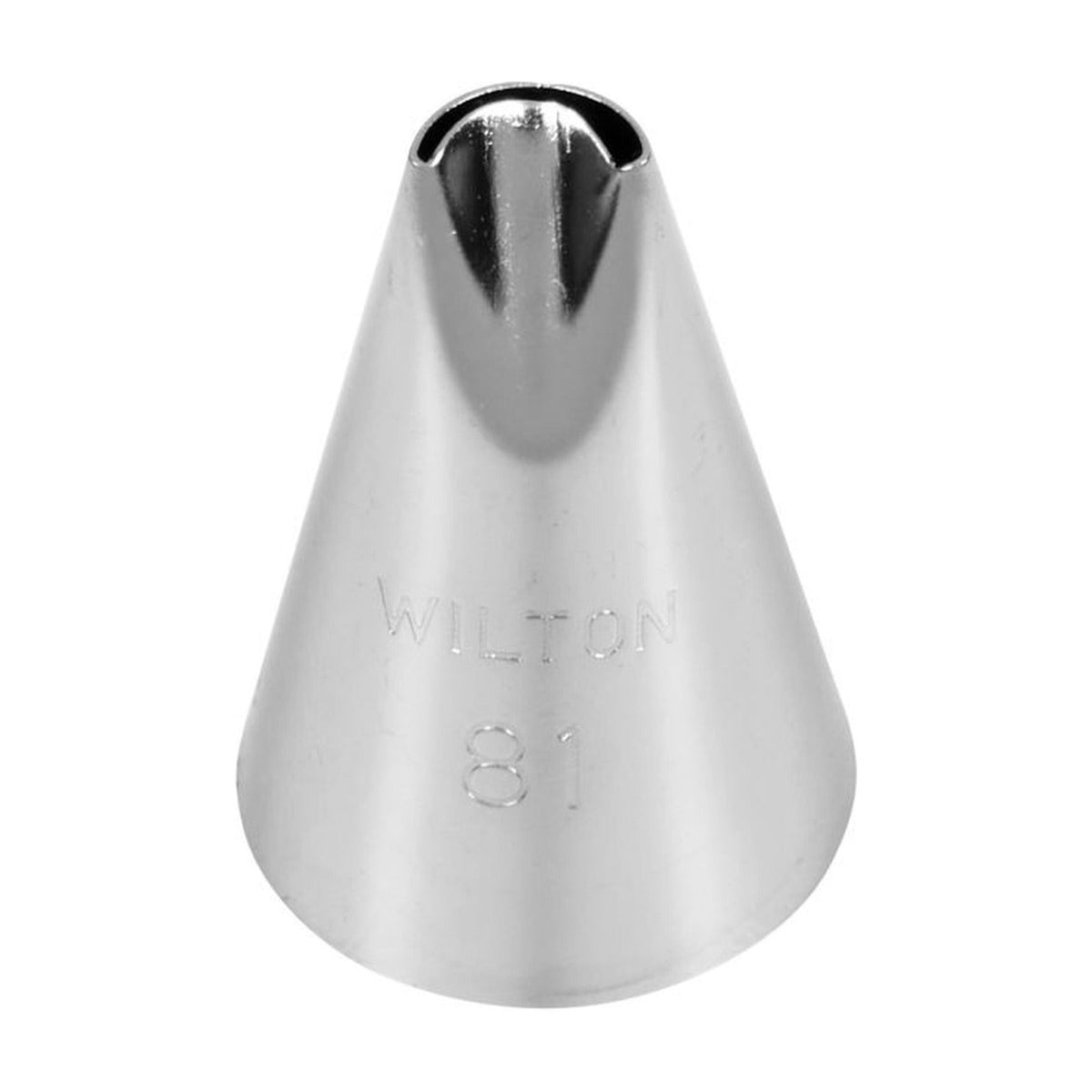 Los metalen Wilton spuitmondje #081 met een ronde, licht gebogen opening aan de bovenkant van de kegel.
