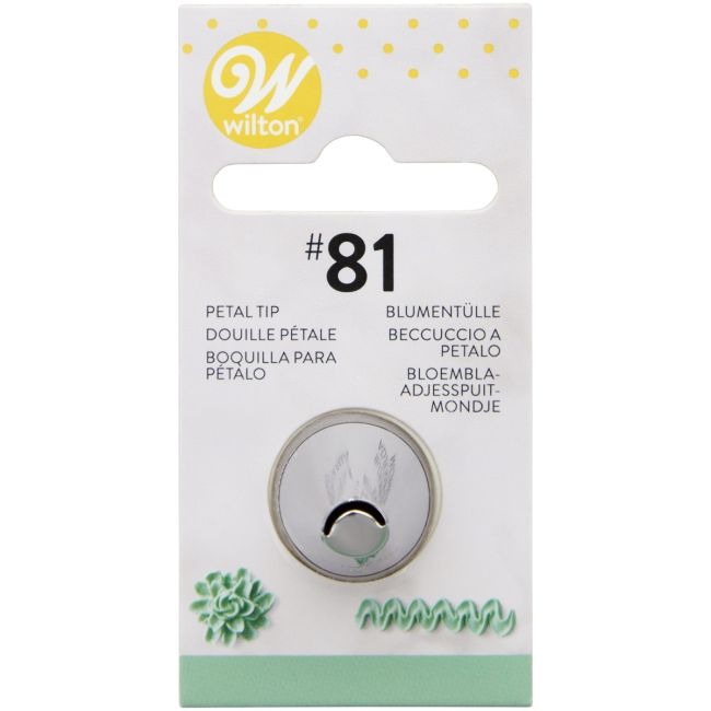 Verpakkingskaart van Wilton spuitmondje #081 met een voorbeeld van een golvend mintgroen lint en een bloemvormige rozet ernaast.