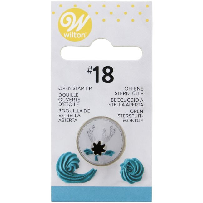 Verpakkingskaart van Wilton spuitmondje #18 met een gedraaide schelpvorm en een rozetdot, getekend in turquoise glazuur.