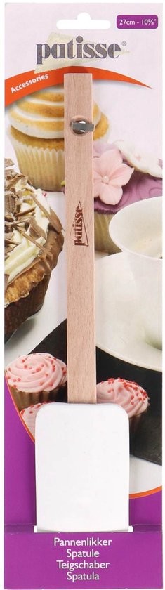 Patisse pannenlikker met witte kop en houten handvat in de verpakking op een paars kartonnen kaartje