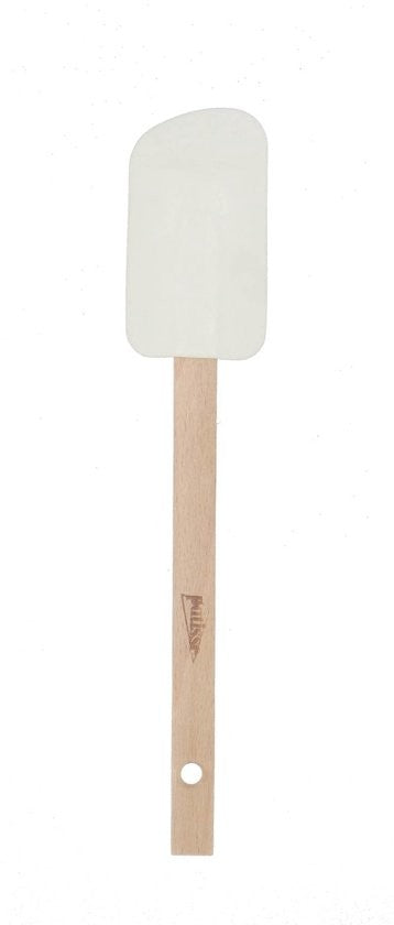 Witte pannenlikker met licht houten handvat, Patisse-logo op de steel en een ophangoog aan het uiteinde