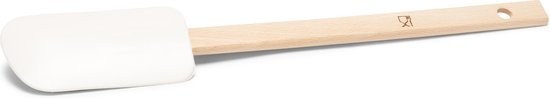 Zijaanzicht van de pannenlikker: witte kop links, houten handvat met logo en ophangoog rechts op wit