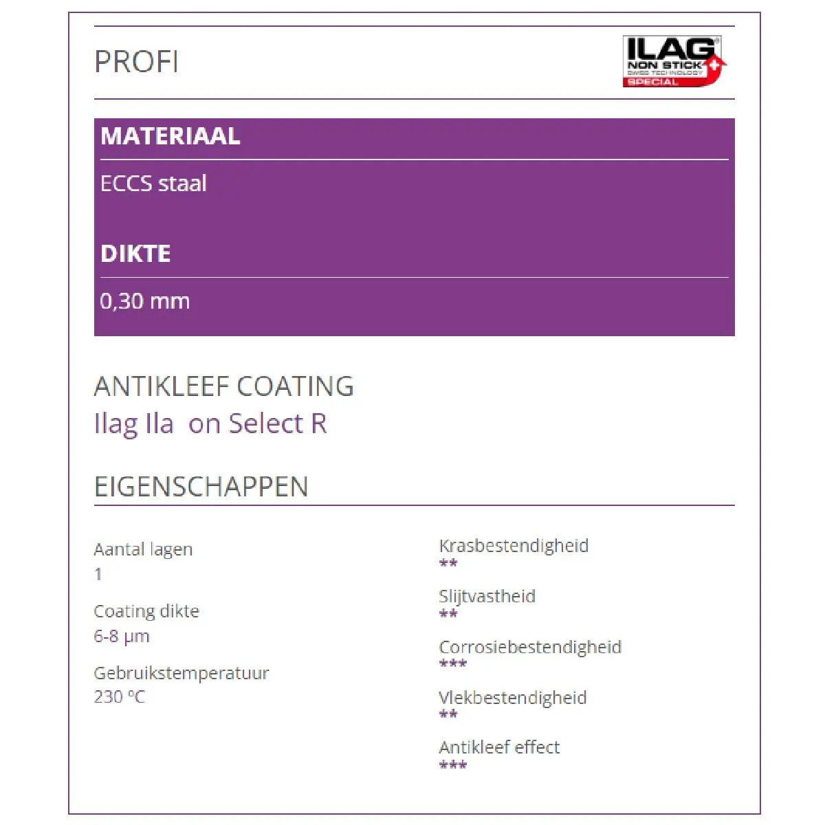 Kaart met eigenschappen van de Patisse Profi lijn: ECCS staal, dikte 0,30 mm, antikleeflaag en 230 graden