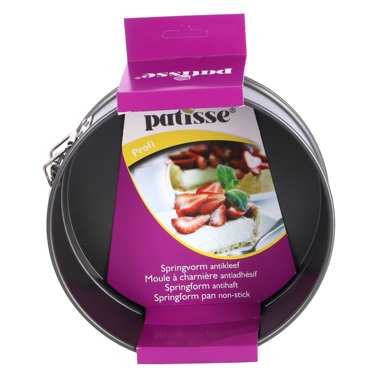Patisse Profi springvorm in de verpakking met paarse kartonnen hanger en opdruk springvorm antikleef