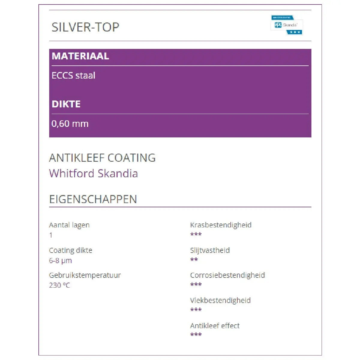 Specificatiekaart van Silver Top met ECCS staal van 0,60 mm en anti-aanbaklaag voor gebruik tot 230 graden