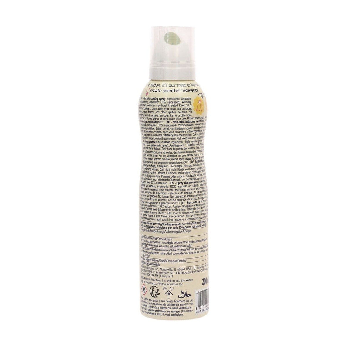 Achterkant van de Wilton bakspray met ingrediëntenlijst in meerdere talen en inhoud van 200 ml