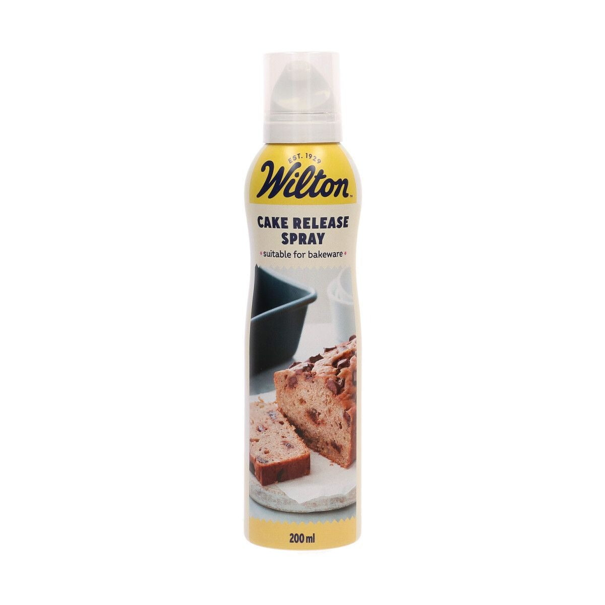 Voorkant van de Wilton bakspray met een foto van een cake en de tekst suitable for bakeware