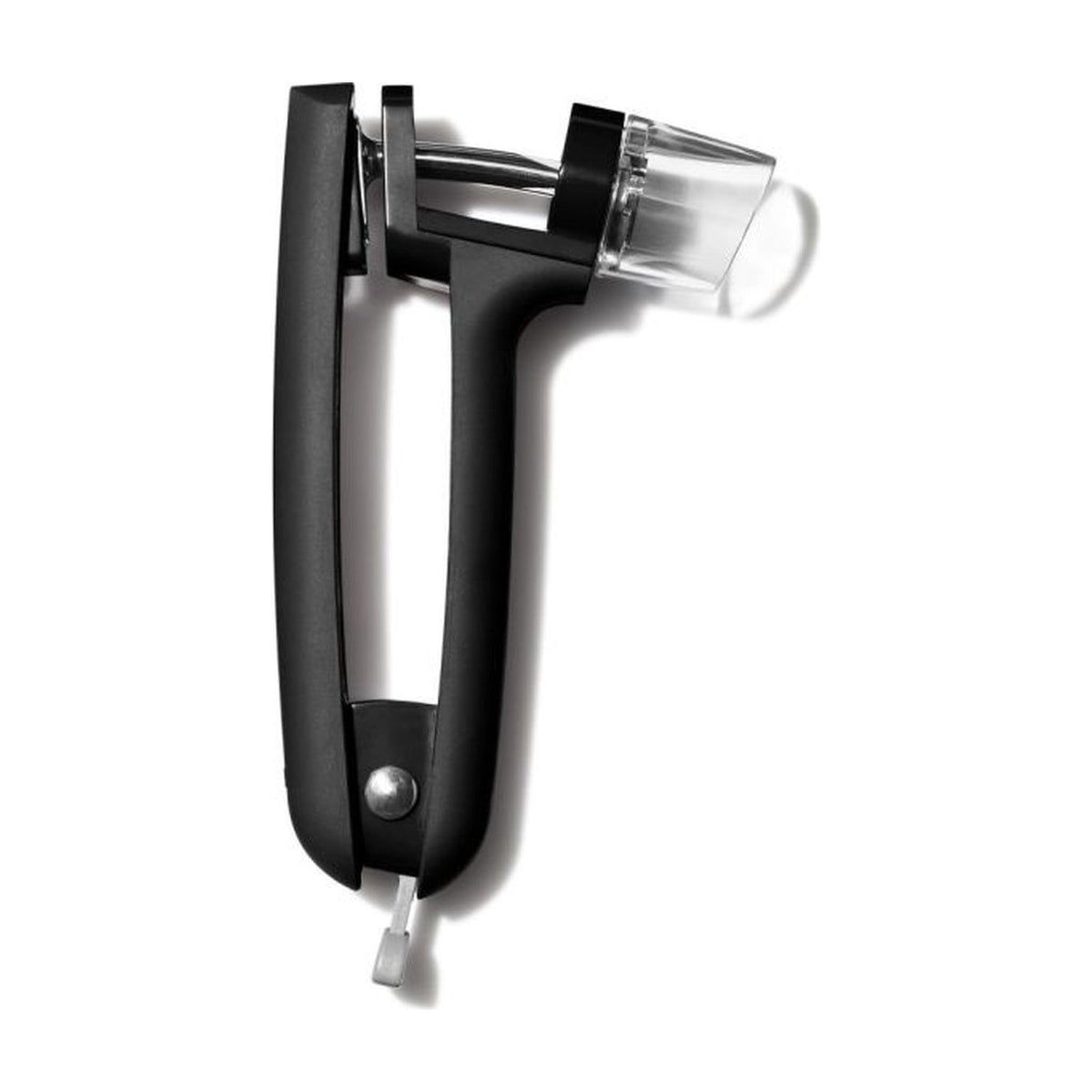 OXO Good Grips Kers- en Olijfontpitter op witte achtergrond, transparant opvangbakje bovenaan