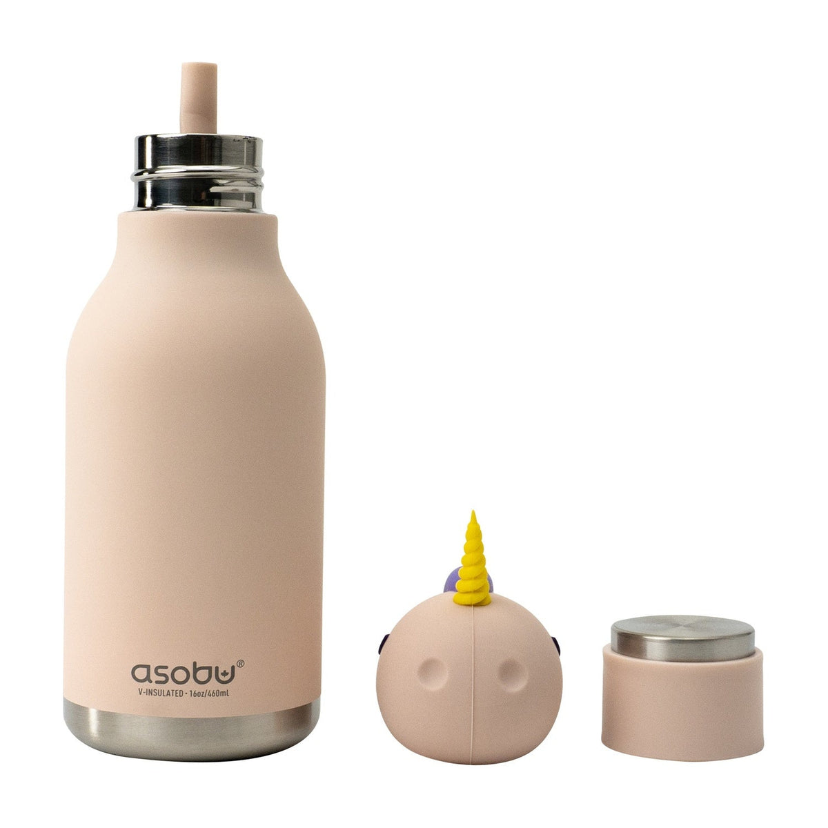 Asobu Bestie Thermosfles Eenhoorn - 470 ml op witte achtergrond, met losse onderdelen