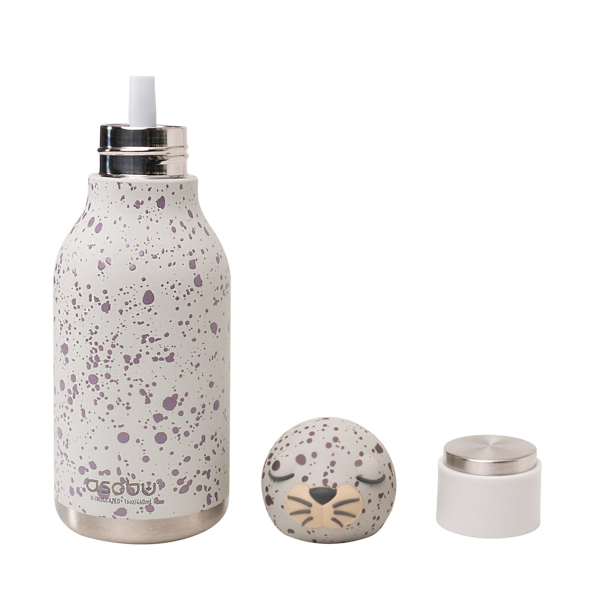 Asobu Bestie Thermosfles Zeehond - 470 ml op witte achtergrond, met losse onderdelen