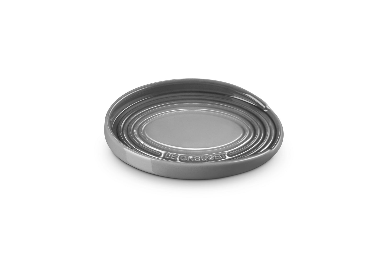 Le Creuset Lepelhouder Ovaal Flint - 15 cm, bovenaanzicht met het ingeperste Le Creuset-logo op de rand