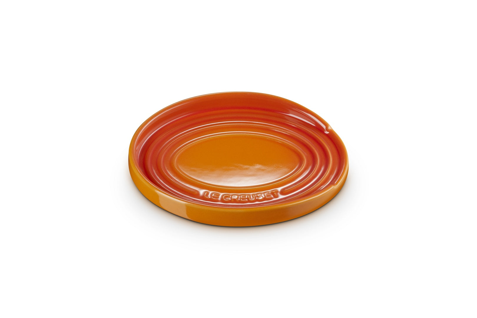 Le Creuset Lepelhouder Ovaal Oranjerood - 15 cm, bovenaanzicht met het ingeperste Le Creuset-logo op de rand