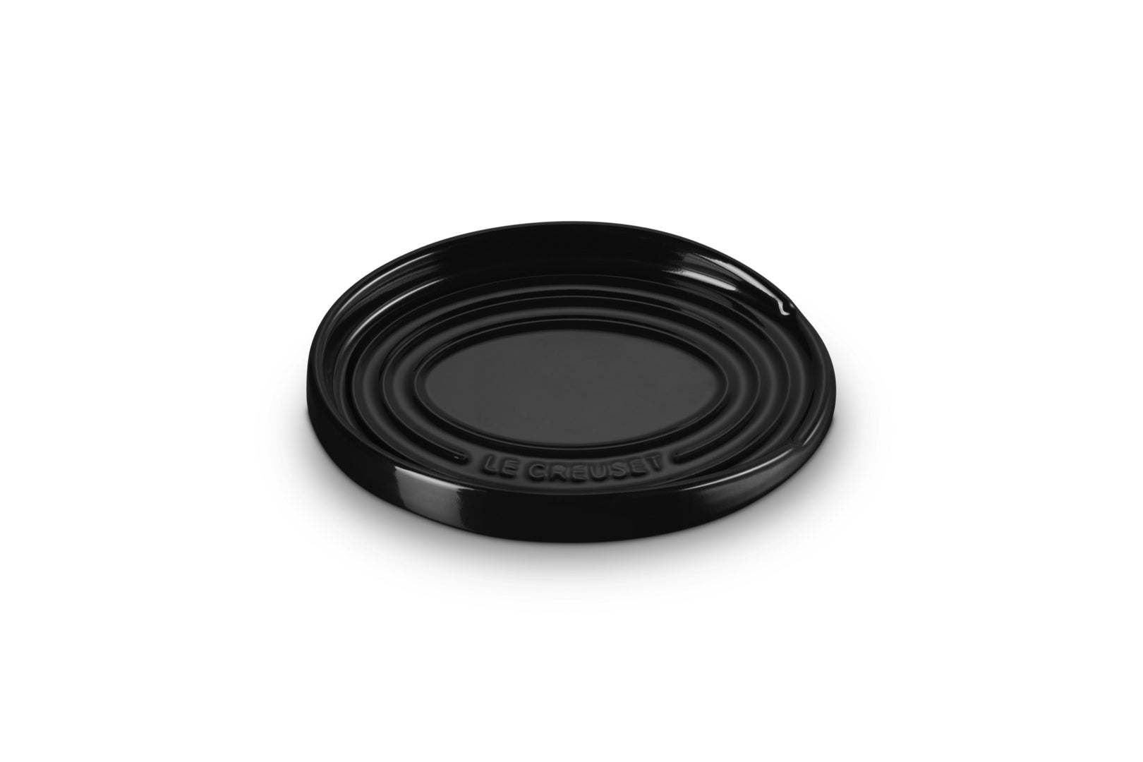 Le Creuset Lepelhouder Ovaal Ebbenzwart - 15 cm, bovenaanzicht met het ingeperste Le Creuset-logo op de rand