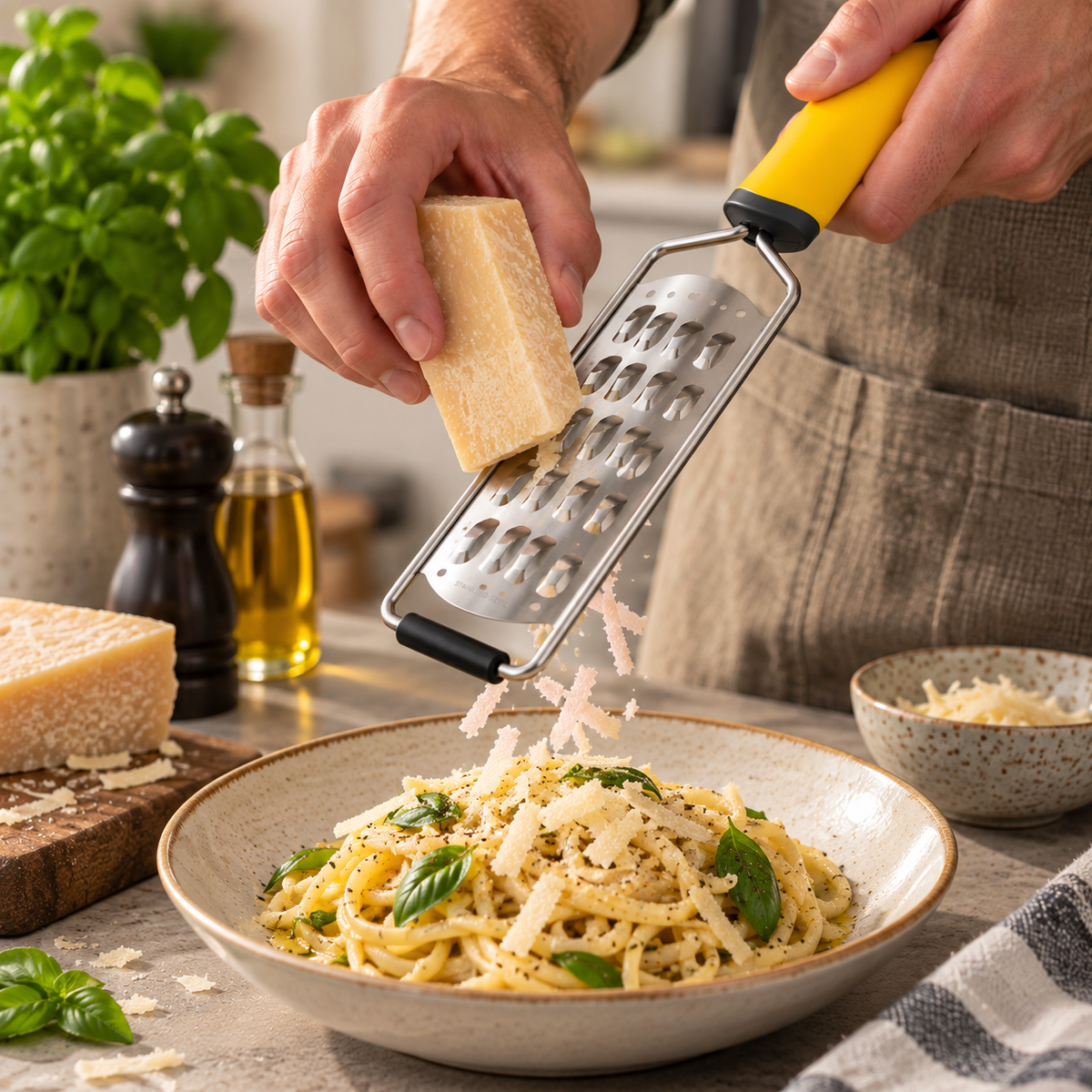Kaas wordt geraspt boven een bord pasta met de Woerdman Handrasp Grof - Geel