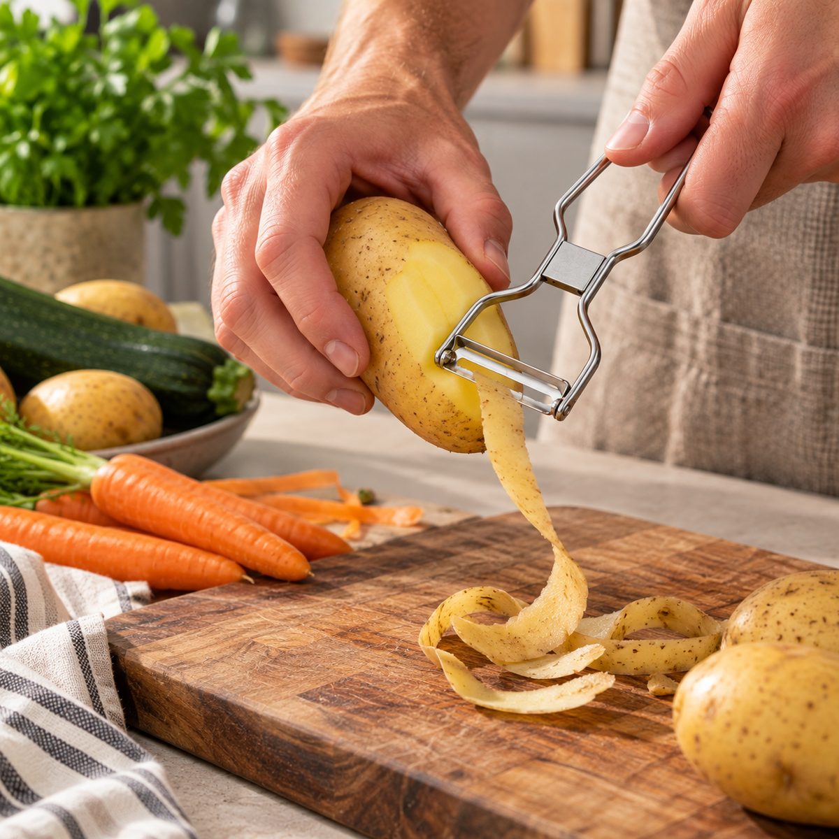 Een aardappel wordt geschild met de Woerdman Dunschiller RVS