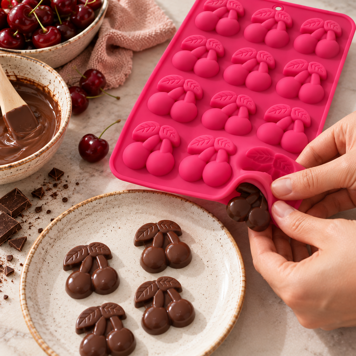 Chocolade wordt in de Woerdman Bakmat Chocolade Siliconen Kers gegoten, met afgewerkte chocolade kersjes ernaast