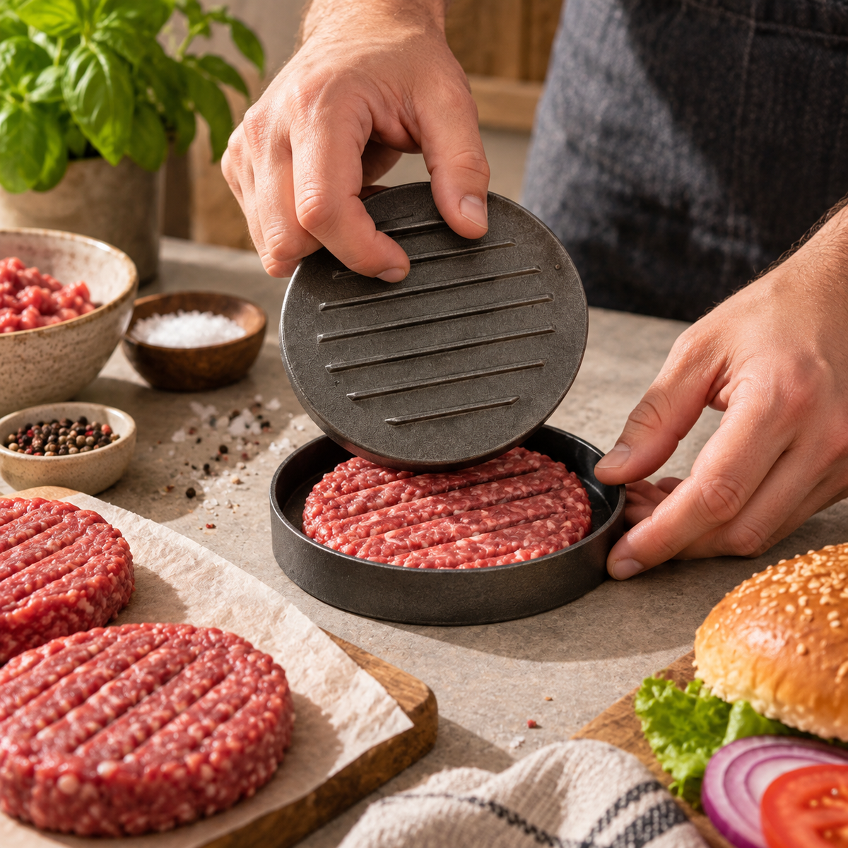 Een hamburger wordt gevormd met de Woerdman Hamburgerpers RVS/Kunststof