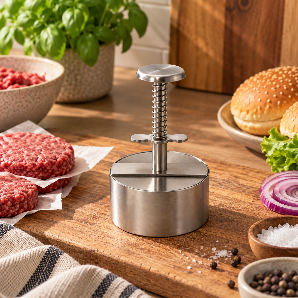 Woerdman Hamburgerpers met Veer RVS wordt gebruikt om een hamburger te vormen