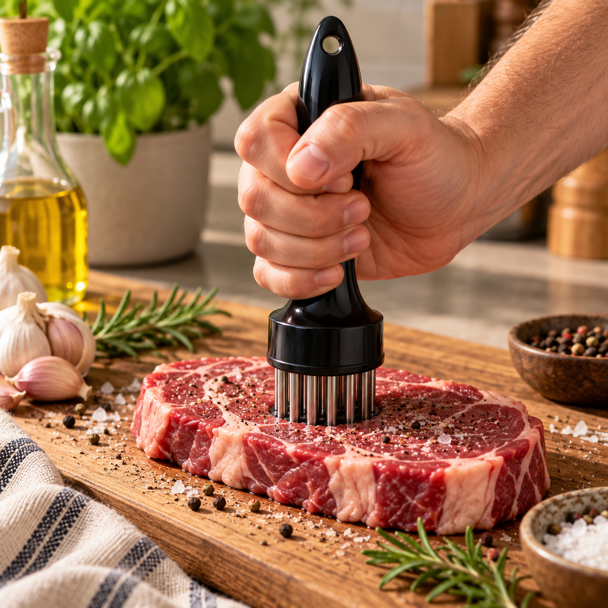 Een rauwe steak wordt mals gemaakt met de Woerdman Vleesvermalser