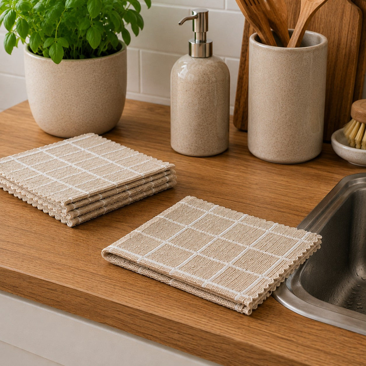 Woerdman Vaatdoekje Microvezel - Beige/Wit - sfeerbeeld