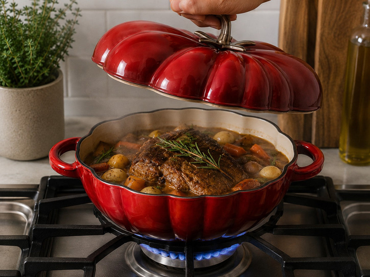 Woerdman Braadpan Tomaat Gietijzer Ovaal Rood - 28 cm - sfeerbeeld