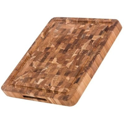 Kopshout snijplank van teakhout met schaakbordpatroon, sapgeul en handgreep, 42 x 30,5 cm