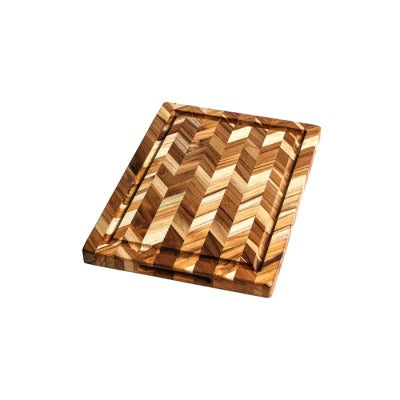 Teakhouten snijplank met visgraatpatroon en sapgeul, 36 x 26 cm
