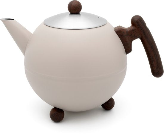 Bredemeijer Duet Bella ronde theepot mat beige met houten pootjes en handvat, volledig zijaanzicht