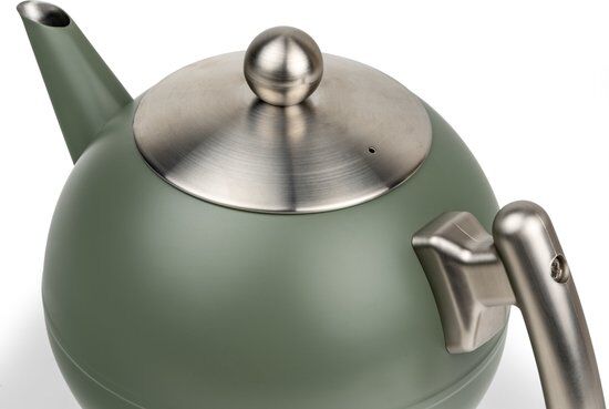 Bredemeijer Duet Bella ronde theepot mat legergroen close-up van het deksel met metalen knop en schenktuit