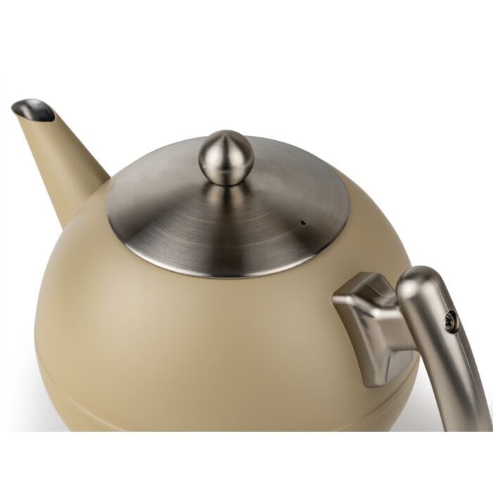 Close-up van het ronde deksel met knop en het roestvrijstalen handvat van de Duet Bella Ronde theepot
