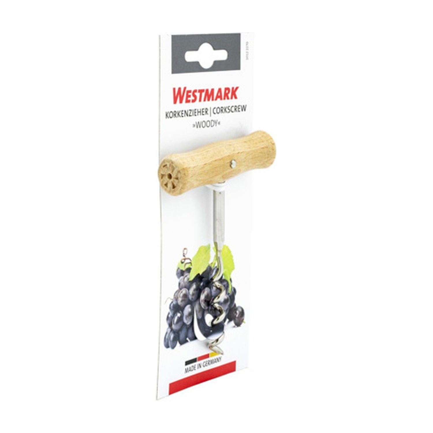 Westmark Woody Kurkentrekker, verpakking met houten handvat en metalen schroef op kaart
