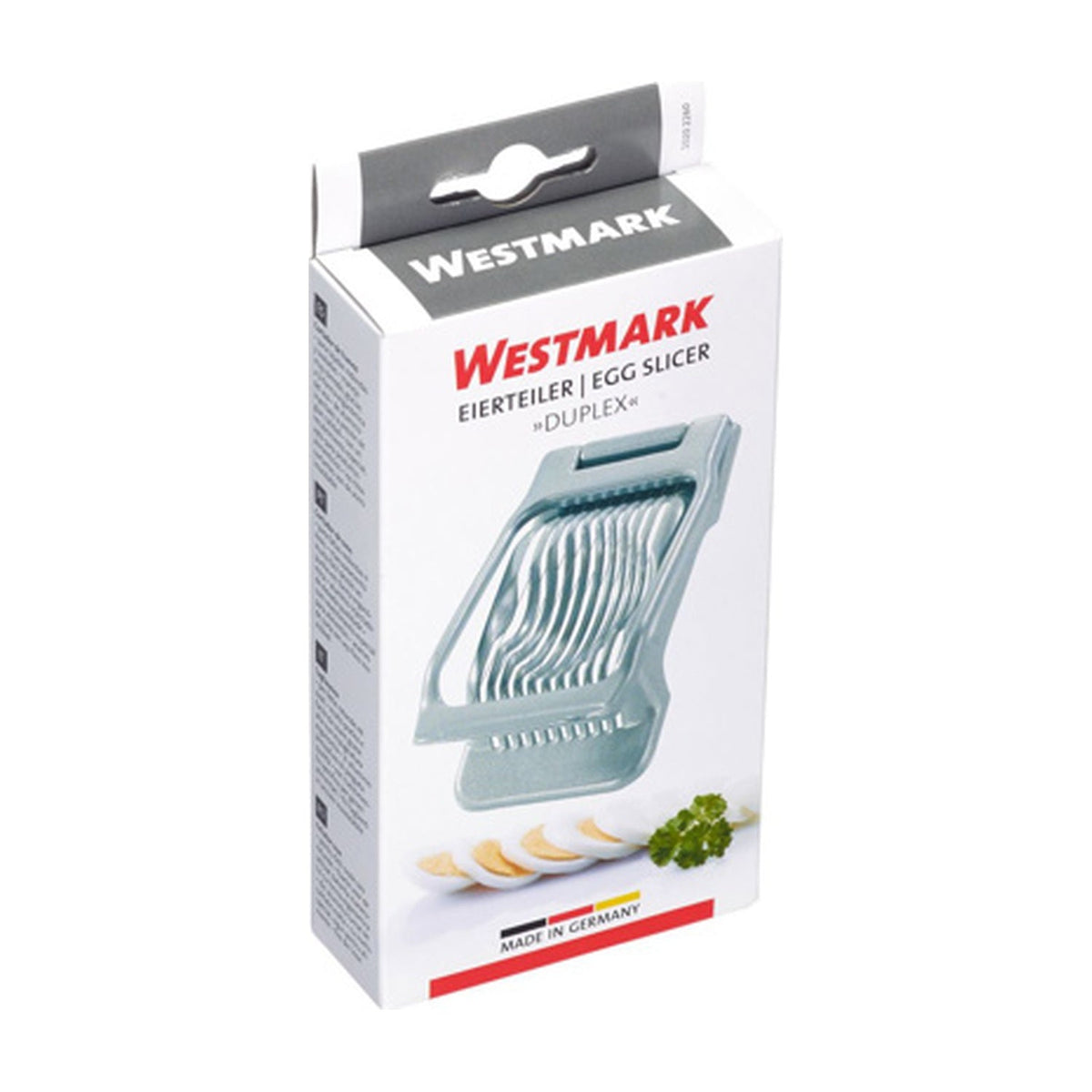Westmark Duplex Eiersnijder, zilverkleurig aluminium met een ei op de snijdraden