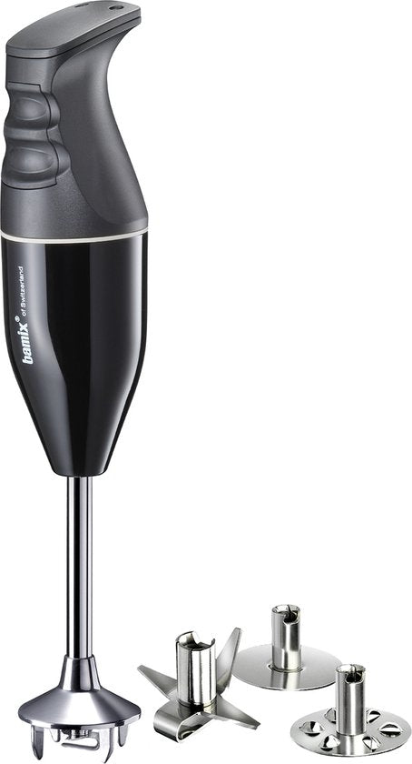 Bamix Classic M140 staafmixer in zwart met verwisselbare rvs-hulpstukken tegen witte achtergrond