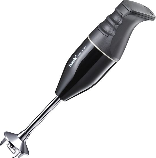 Zwarte Bamix Classic M140 staafmixer schuin gezien met de rvs-mengvoet