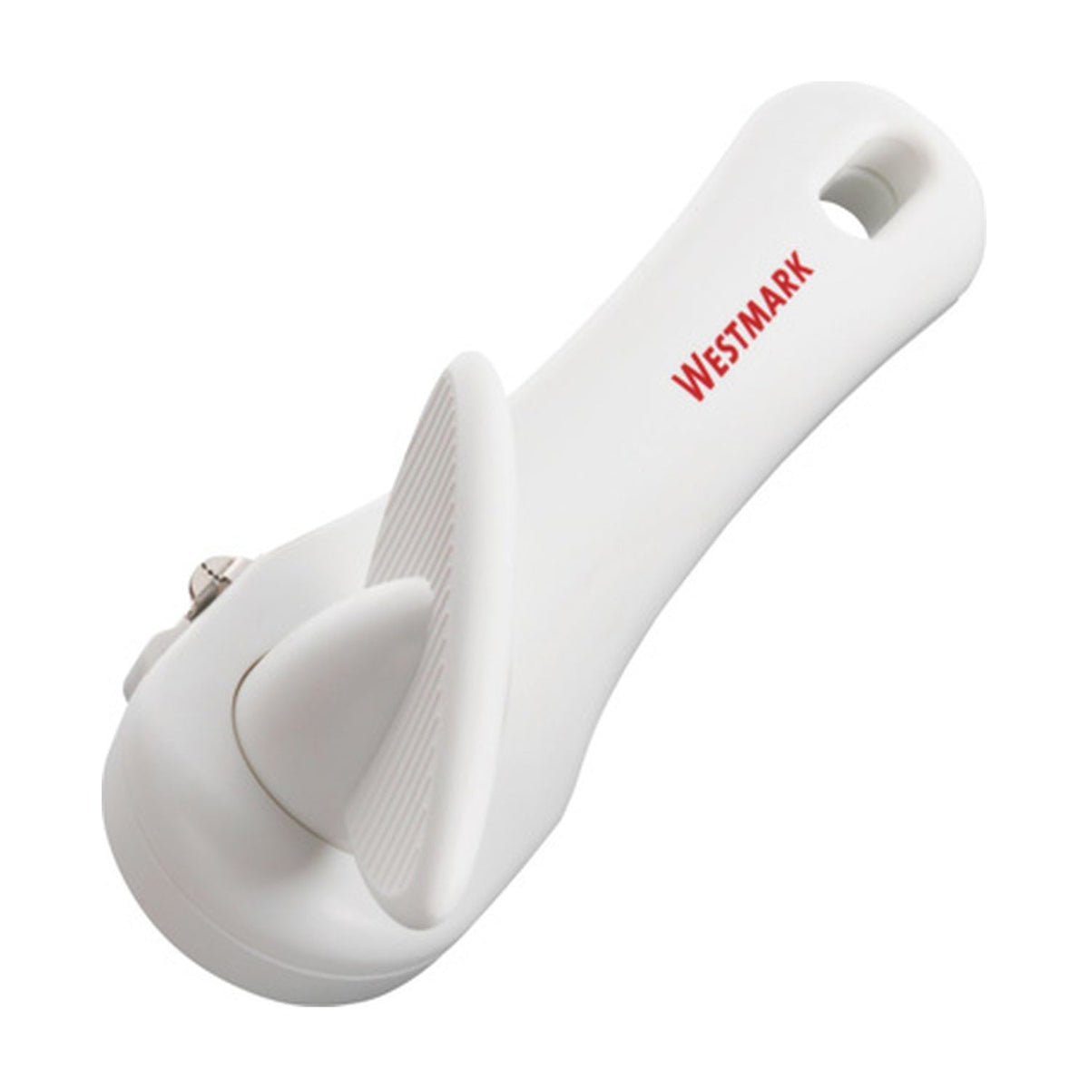 Westmark Klu Blikopener, wit, diagonaal productbeeld met rood Westmark-logo op de witte kunststof handgreep