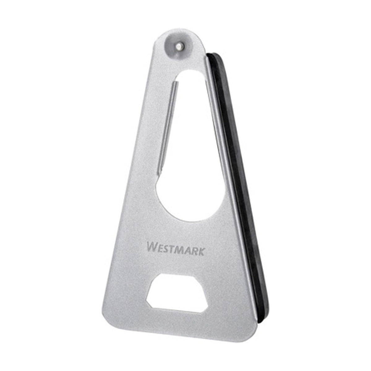 Westmark Universele Opener, zilverkleurig RVS, volledig product op witte achtergrond met rubberen antislip inzet