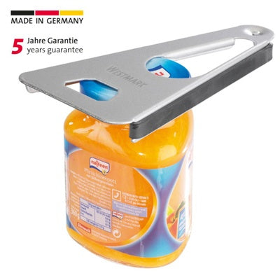 Westmark Universele Opener, zilverkleurig RVS, in gebruik om het deksel van een pot compote los te maken